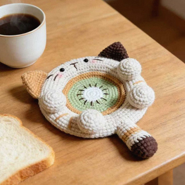 Crochet Cat Kiwi Coaster — Handmade Desk Mat