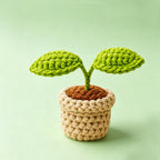 Crochet sprout plant pot on green background