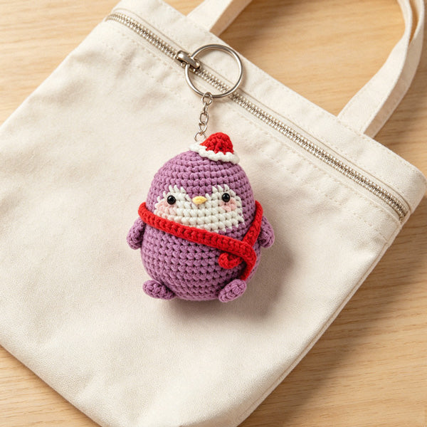 Crochet Christmas penguin with metal keyring, front view | Knoblom