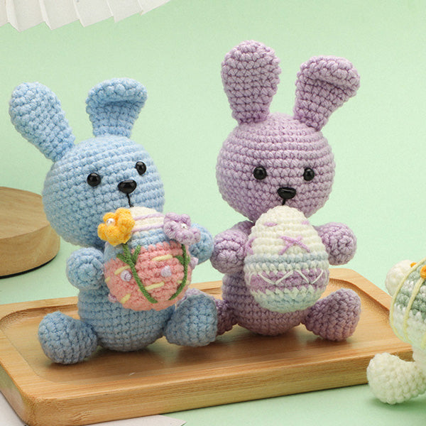 Crochet Easter bunny DIY kit in purple — yarn, hook, safety eyes, wire, stuffing and pattern booklet | Knoblom