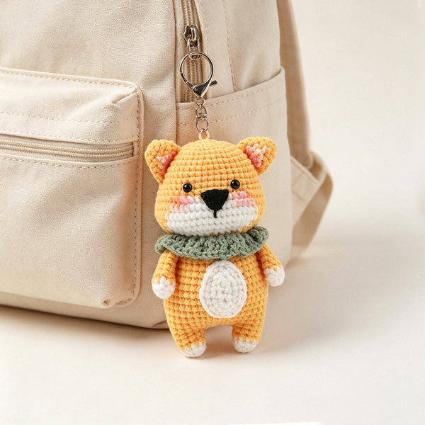 Crochet Shiba Inu with metal keyring clip, front view | Knoblom