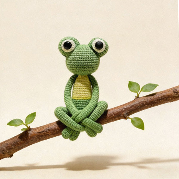 Crochet frog doll in mustard yellow accent, front view | Knoblom