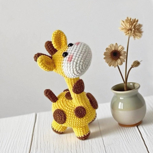 Crochet giraffe desk toy, close-up face detail | Knoblom