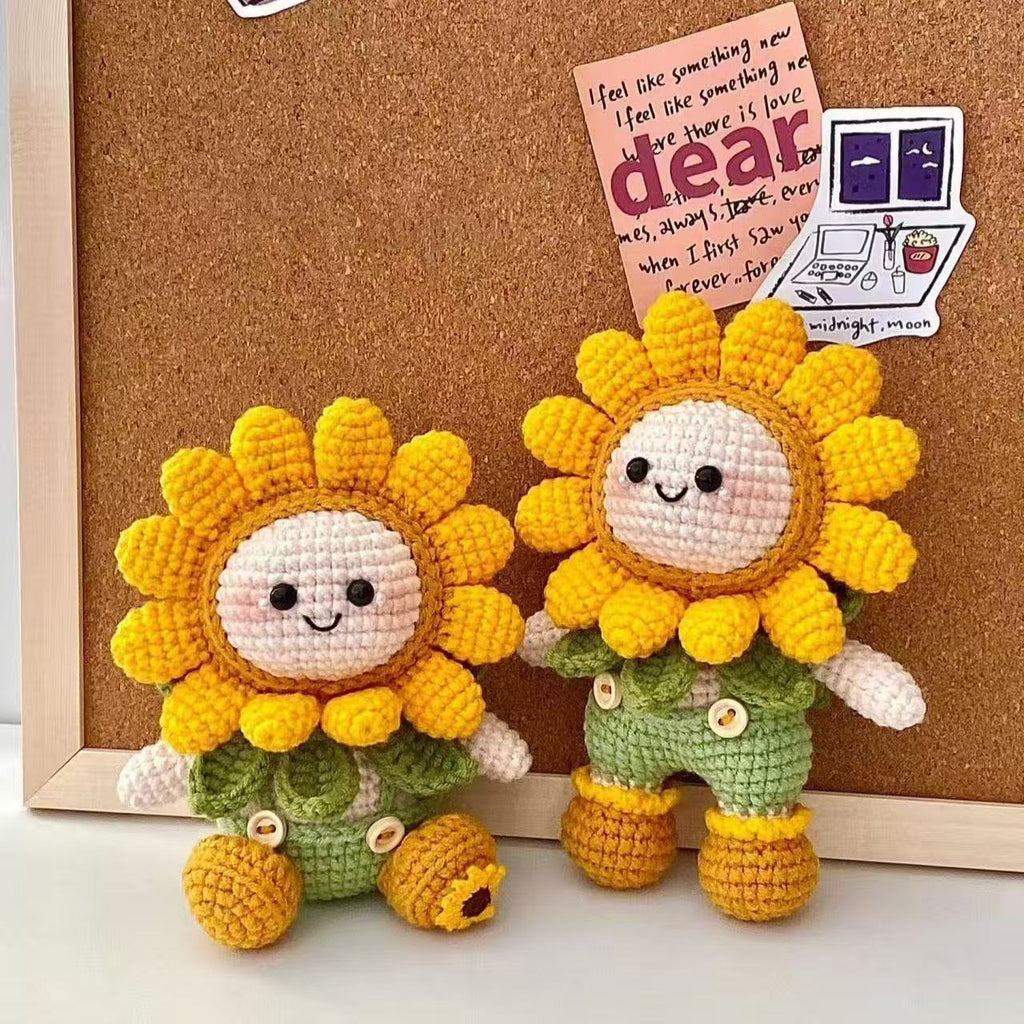 Crochet sunflower doll DIY kit contents — yarn, hook, eyes and pattern included