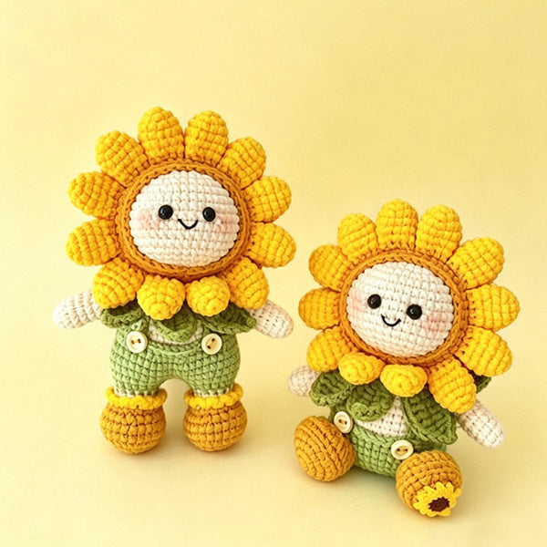 Crochet sunflower dolls on clean white background showing full product view
