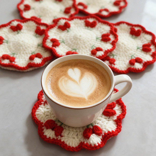 Crochet tulip coaster with scalloped red border, top view | Knoblom