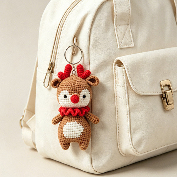 Desk reindeer crochet doll with round red nose, approx 15cm | Knoblom