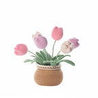 Handcrafted crochet tulip planter, full view with green leaves | Knoblom