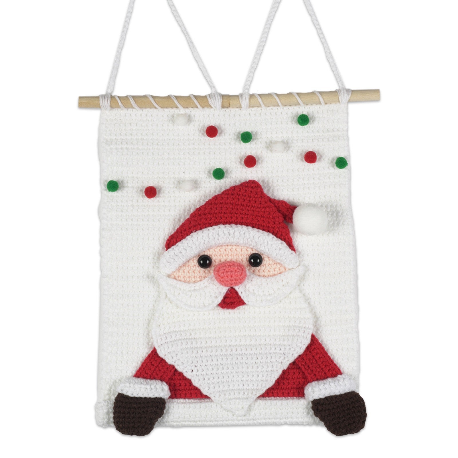 Handmade crochet Santa Claus wall hanging on white background - full product view