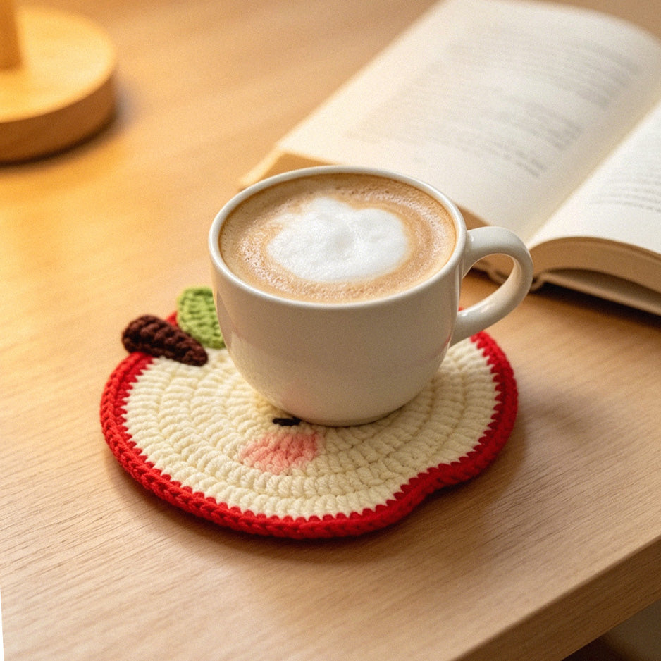 Handmade crochet apple coaster, gift-ready presentation | Knoblom