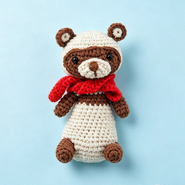 Handmade crochet bear in red scarf, doll version approx 17cm | Knoblom