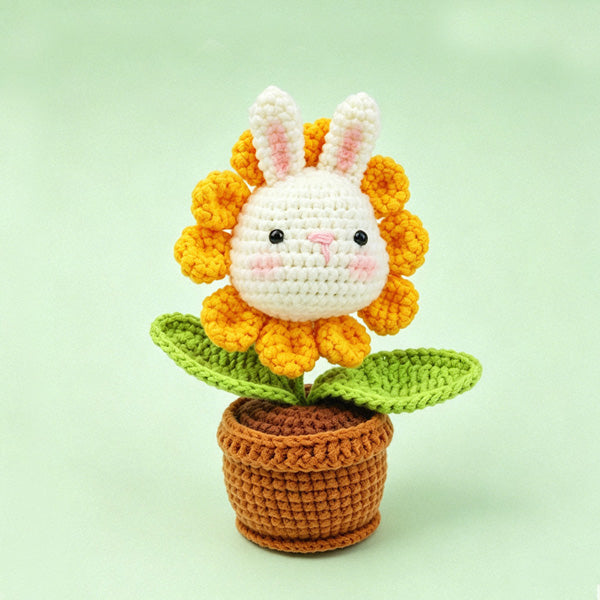 Handmade crochet bunny sunflower pot, approx 19cm tall | Knoblom