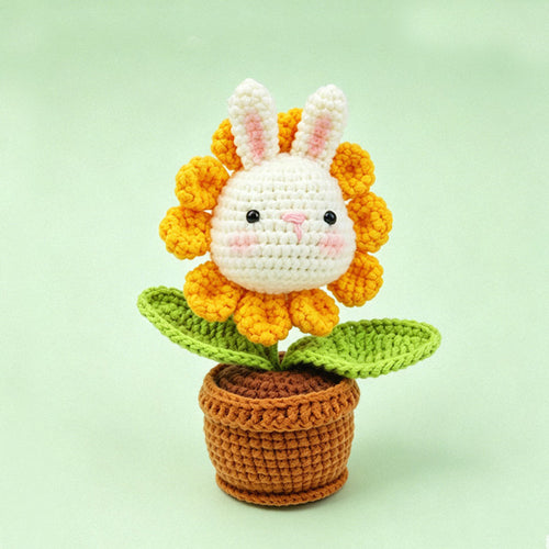 Handmade crochet bunny sunflower pot, approx 19cm tall | Knoblom