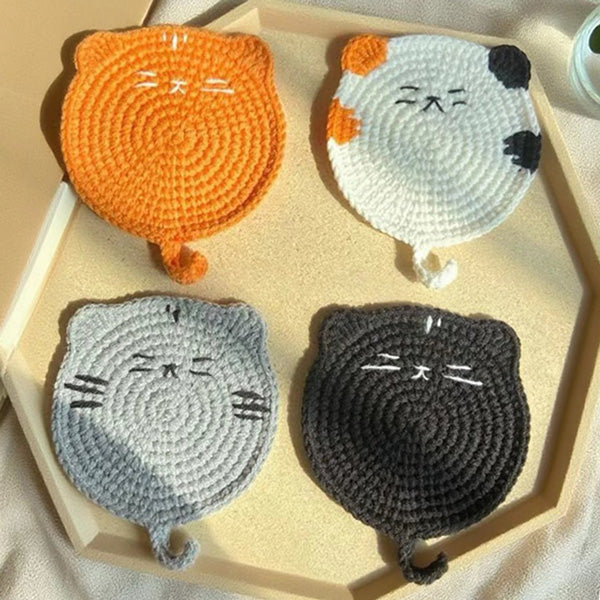 Handmade crochet cat coaster set, multiple color options | Knoblom