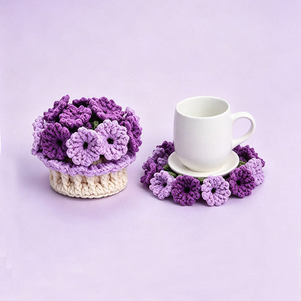 Handmade crochet flower coaster set in pink chenille yarn with basket base | Knoblom