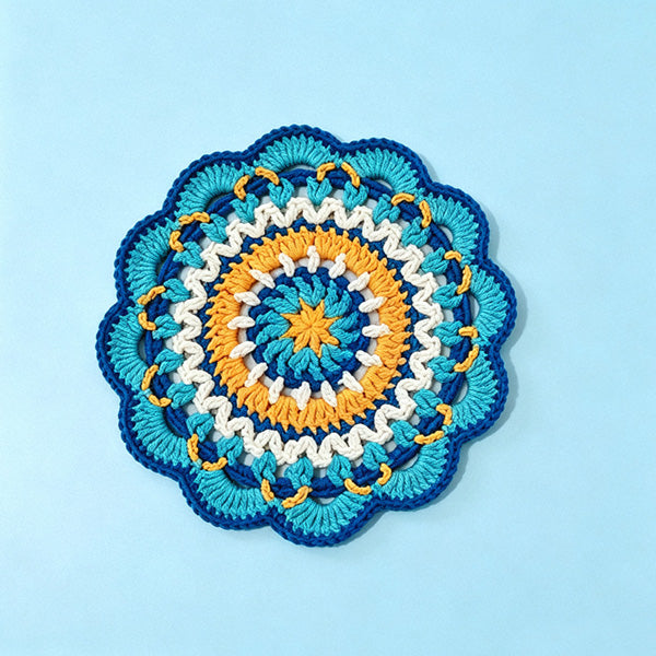 Handmade crochet flower coasters collection displayed with colorful yarn balls