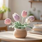 Handmade crochet flower planter, styled on desk | Knoblom
