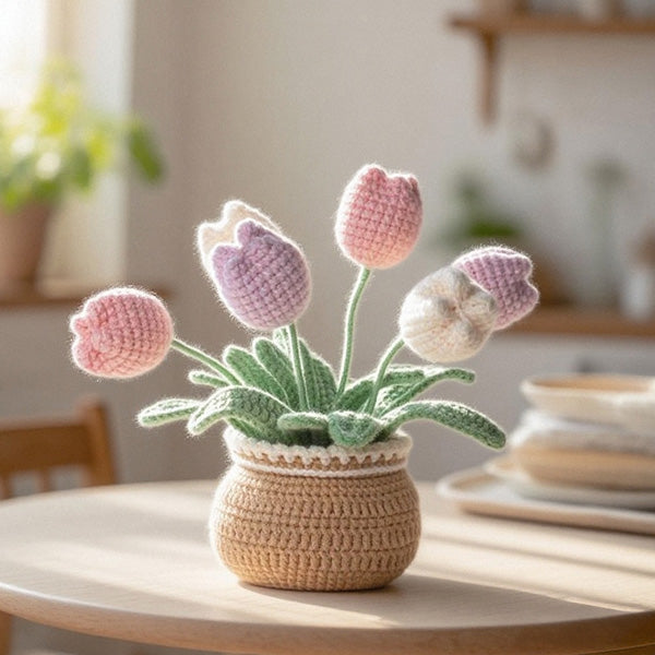 Handmade crochet flower planter, styled on desk | Knoblom