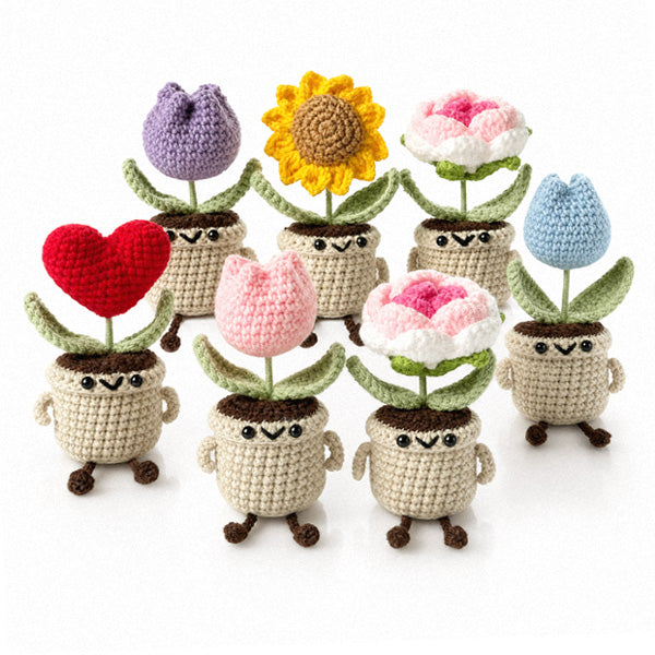 Handmade crochet flower pot, 8 bloom styles available | Knoblom