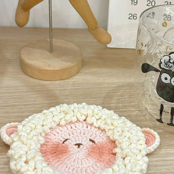 Handmade crochet lamb coaster, gift packaging view | Knoblom