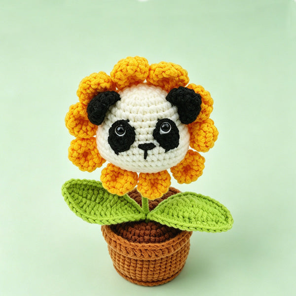 Handmade crochet panda sunflower in knitted pot, approx 10cm | Knoblom