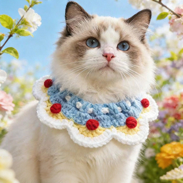 Handmade crochet pet collar in blue and yellow with red pom-poms, adjustable tie closure \| Knoblom