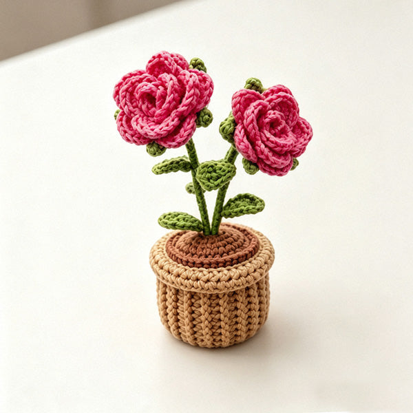Handmade crochet rose flower pot decor on white background - full product view
