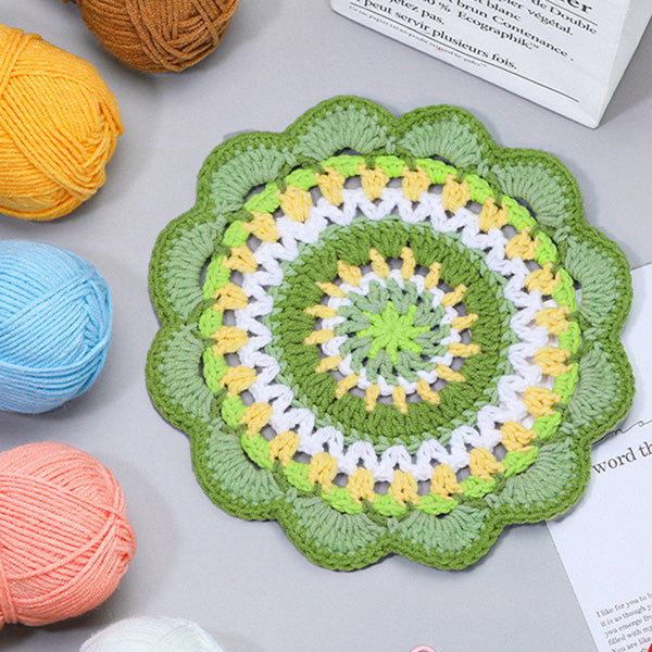 Handmade crochet sage flower coaster set of 3 in yellow-green, white and sage green