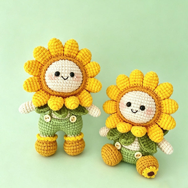 Handmade crochet sunflower doll DIY kit — two sizes displayed on yellow background