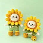 Handmade crochet sunflower doll DIY kit — two sizes displayed on yellow background