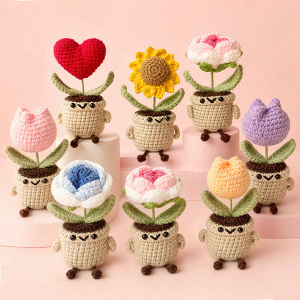 Handmade crochet sunflower pot amigurumi in cotton yarn, approx 10cm | Knoblom