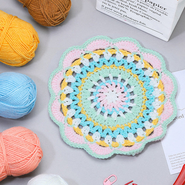 Handmade crochet sunflower trio coaster set of 3 in golden yellow, white and deep green