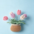 Handmade crochet tulip planter with 6 stems in woven basket | Knoblom