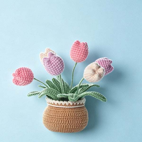 Handmade crochet tulip planter with 6 stems in woven basket | Knoblom