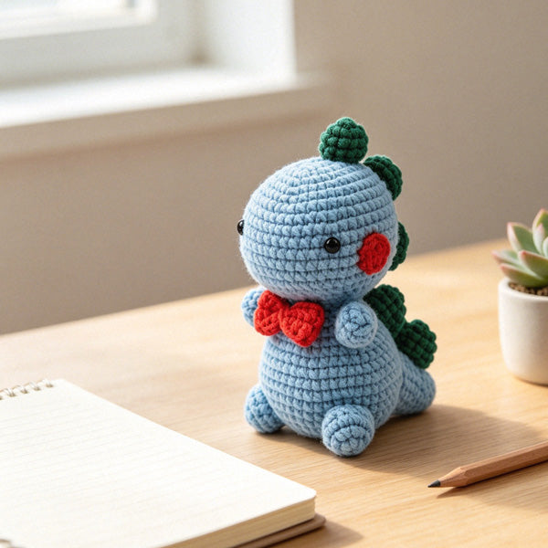 Sky blue crochet dinosaur amigurumi, side angle view | Knoblom